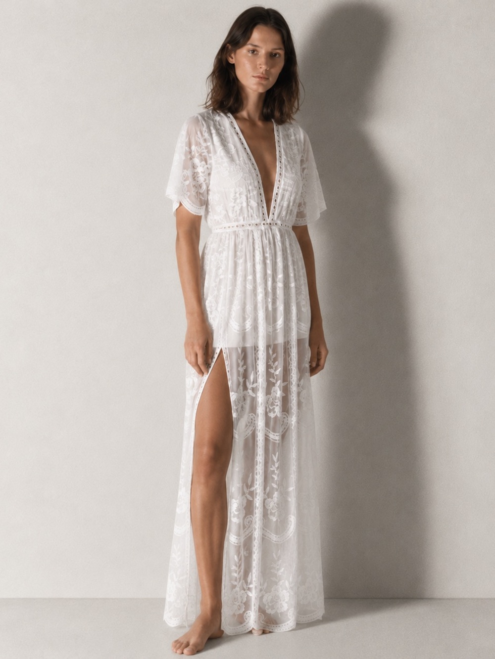 Sheer Embroidered Deep V Maxi Slip Dress - Ivory